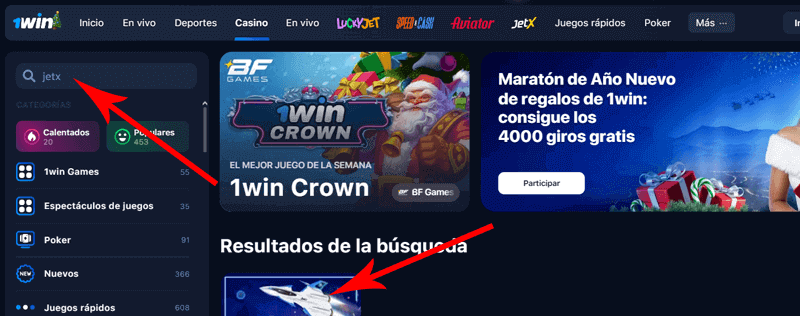 Cómo encontrar JetX en 1Win