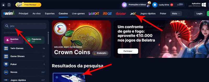 Como encontrar o jogo JetX no cassino da 1Win