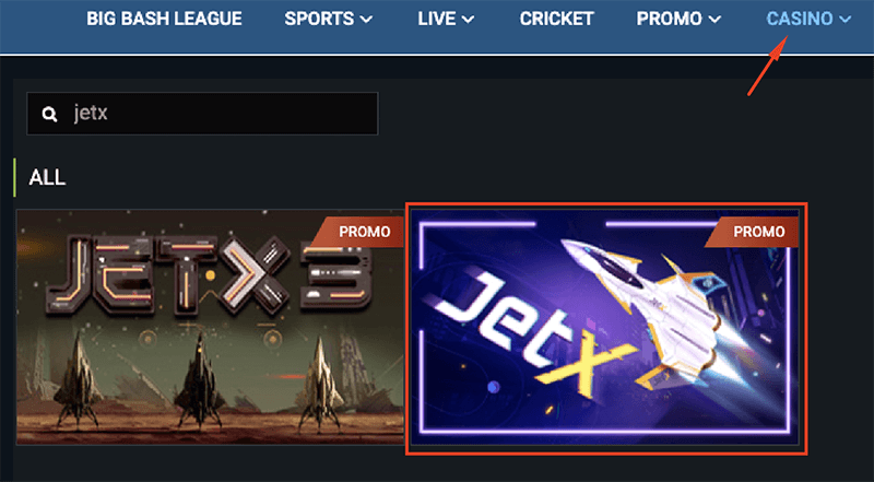 Como encontrar o jogo JetX no cassino da 1xBet