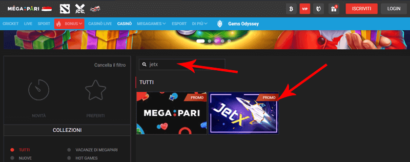 Come trovare JetX su Megapari