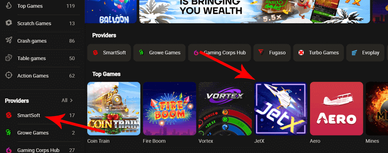 How to find JetX at Parimatch